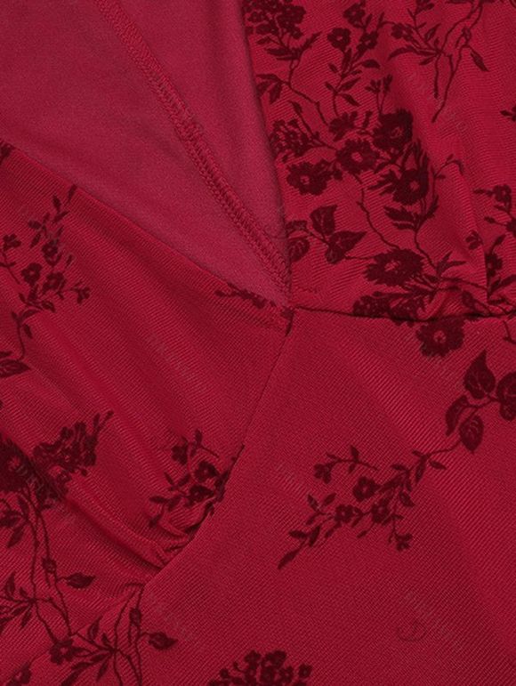 Cocktail Party Dress Solid Color Flocked Flower Mesh Plunging Neck Bodycon Midi Dress - Rouge Vineux XL | US 12