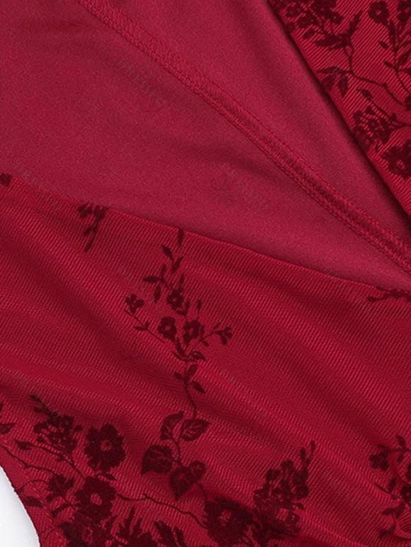 Cocktail Party Dress Solid Color Flocked Flower Mesh Plunging Neck Bodycon Midi Dress - Rouge Vineux XL | US 12