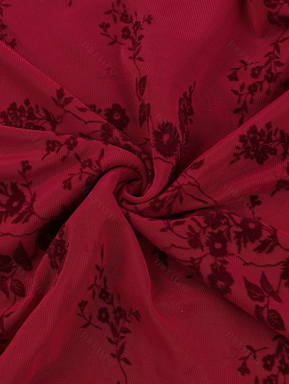 Cocktail Party Dress Solid Color Flocked Flower Mesh Plunging Neck Bodycon Midi Dress - Rouge Vineux XL | US 12