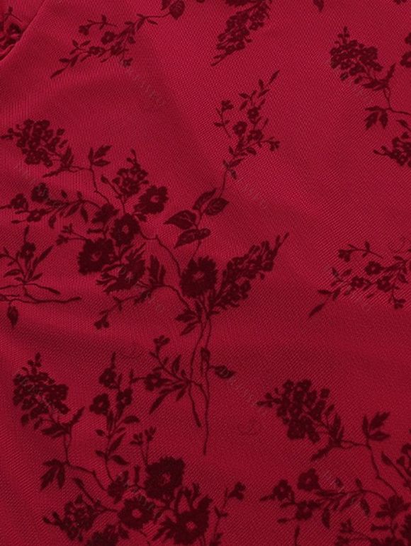 Cocktail Party Dress Solid Color Flocked Flower Mesh Plunging Neck Bodycon Midi Dress - Rouge Vineux XL | US 12