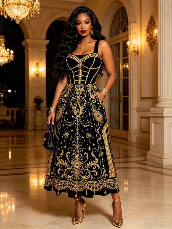 Vintage Party Couple Outfit Black Gold Baroque Palace Peacock Feather Star Print Pocket Square Neck A Line Dress and Long Sleeve Shirt Set - Noir S | US 4