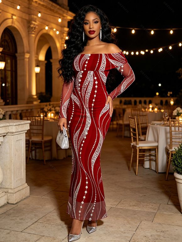 Burgundy Party Couple Outfit Pearl Rhinestone Wave Print Off the Shoulder Mesh Panel Bodycon Dress and Long Sleeve Shirt Set - Rouge Vineux S | US 4