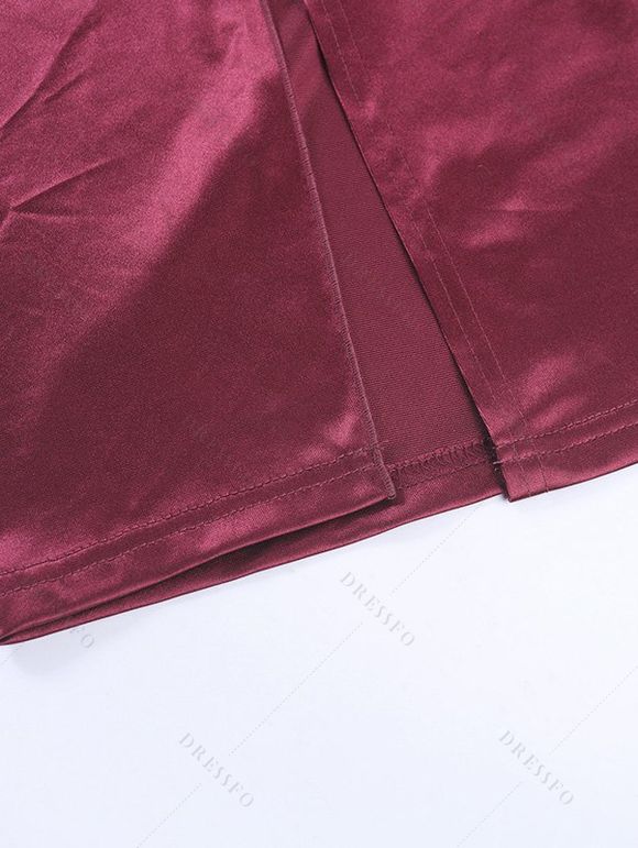 Burgundy Evening Dress Solid Color Ruched Off the Shoulder High Slit Party Satin Dress - Rouge Vineux L | US 8-10