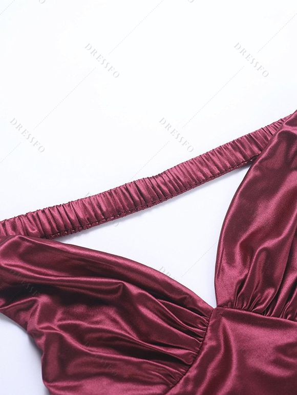 Burgundy Evening Dress Solid Color Ruched Off the Shoulder High Slit Party Satin Dress - Rouge Vineux L | US 8-10