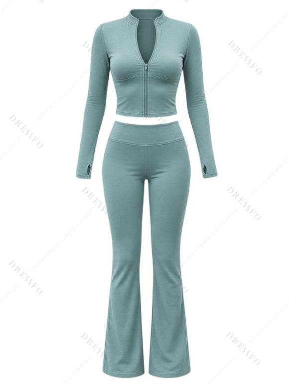 Athletic Women Outfit Cropped Zip Up Cardigan and High Waist Flare Pants Set - Vert clair L | US 8-10