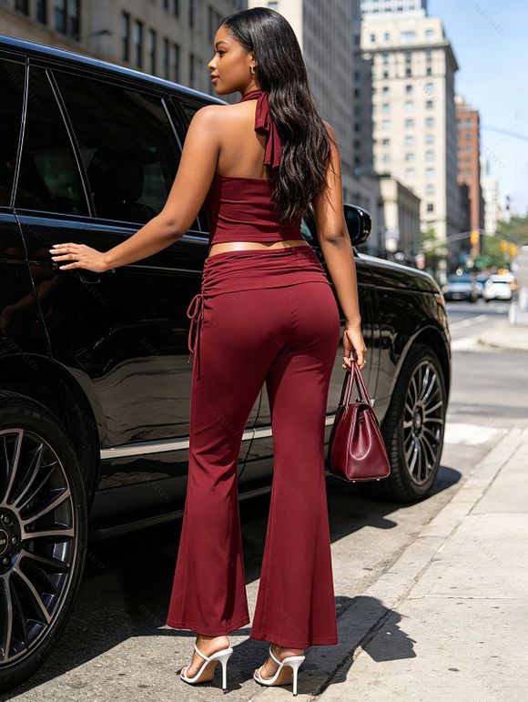 Casual Women Daily Outfit Burgundy Halter Cropped Tank Top and Cinched Flare Pants Set - Rouge Vineux L | US 8-10