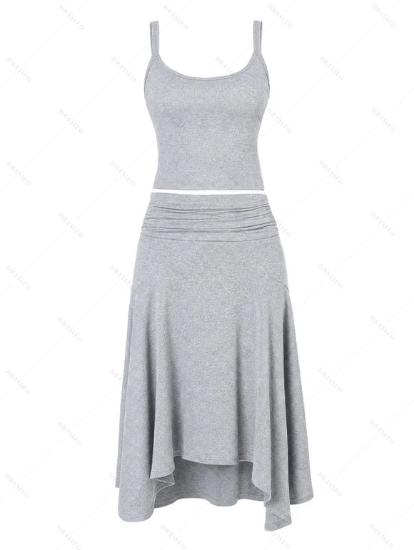 Athletic Women Two Piece Outfits Solid Color Crop Cami Top and High Waist Skirt Set - Gris Clair XL | US 12
