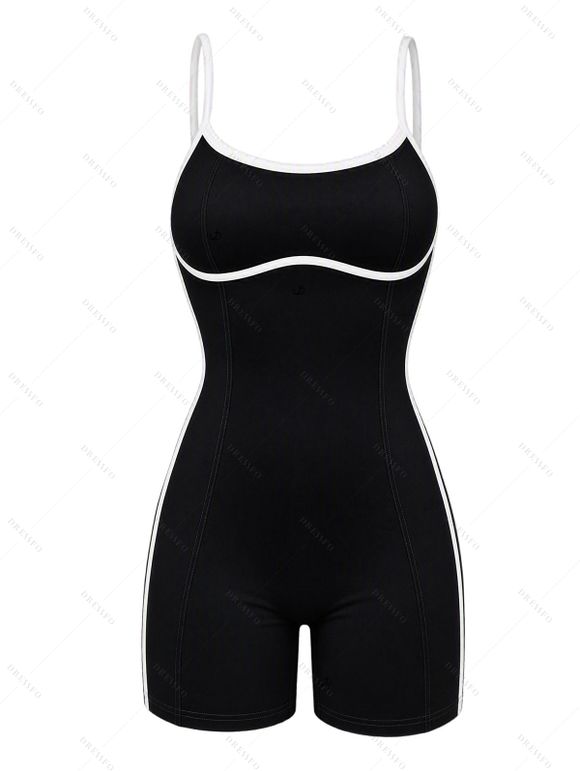 Colorblock Spaghetti Strap Bodysuit Romper Slim Active Romper Casual Workout Romper - Noir L | US 8-10