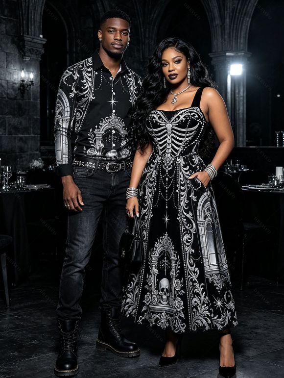 Gothic Couple Outfit Skeleton Skull Rose Church Cathedral Pattern Pocket Square Neck A Line Dress and Long Sleeve Shirt Set - Noir S | US 4