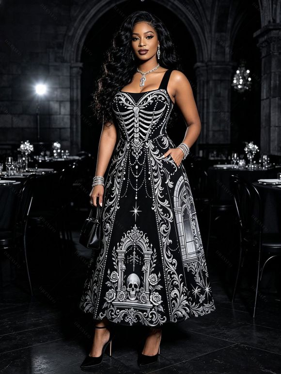Gothic Couple Outfit Skeleton Skull Rose Church Cathedral Pattern Pocket Square Neck A Line Dress and Long Sleeve Shirt Set - Noir S | US 4