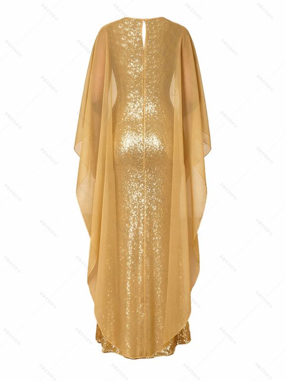 Elegant Party Dress Shinny Shawl Sleeveless Evening Slim Long Dress - d'or L | US 8-10