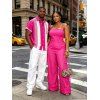 Autumn Couple Outfit Solid Color Multi-pockets Spaghetti Strap Cargo Jumpsuit and Colorblock Striped Geometric Print Shirt Set - HOT PINK S | US 4