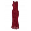Cocktail Party Dress Solid Color Flocked Flower Mesh Plunging Neck Bodycon Midi Dress - Rouge Vineux S | US 4