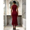 Cocktail Party Dress Solid Color Flocked Flower Mesh Plunging Neck Bodycon Midi Dress - Rouge Vineux XL | US 12