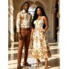 Vintage Couple Outfit Baroque Palace Print Pocket Square Neck A Line Dress and Shirt Set - Champagne S | US 4