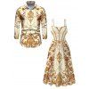 Vintage Couple Outfit Baroque Palace Print Pocket Square Neck A Line Dress and Shirt Set - Champagne S | US 4