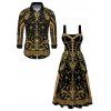 Vintage Party Couple Outfit Black Gold Baroque Palace Peacock Feather Star Print Pocket Square Neck A Line Dress and Long Sleeve Shirt Set - Noir S | US 4