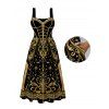 Vintage Party Couple Outfit Black Gold Baroque Palace Peacock Feather Star Print Pocket Square Neck A Line Dress and Long Sleeve Shirt Set - Noir S | US 4