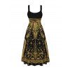 Vintage Party Couple Outfit Black Gold Baroque Palace Peacock Feather Star Print Pocket Square Neck A Line Dress and Long Sleeve Shirt Set - Noir S | US 4