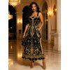 Vintage Party Couple Outfit Black Gold Baroque Palace Peacock Feather Star Print Pocket Square Neck A Line Dress and Long Sleeve Shirt Set - Noir S | US 4