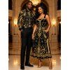 Vintage Party Couple Outfit Black Gold Baroque Palace Peacock Feather Star Print Pocket Square Neck A Line Dress and Long Sleeve Shirt Set - Noir S | US 4