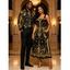 Vintage Party Couple Outfit Black Gold Baroque Palace Peacock Feather Star Print Pocket Square Neck A Line Dress and Long Sleeve Shirt Set - Noir S | US 4