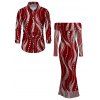 Burgundy Party Couple Outfit Pearl Rhinestone Wave Print Off the Shoulder Mesh Panel Bodycon Dress and Long Sleeve Shirt Set - Rouge Vineux S | US 4