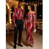 Burgundy Party Couple Outfit Pearl Rhinestone Wave Print Off the Shoulder Mesh Panel Bodycon Dress and Long Sleeve Shirt Set - Rouge Vineux S | US 4