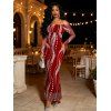 Burgundy Party Couple Outfit Pearl Rhinestone Wave Print Off the Shoulder Mesh Panel Bodycon Dress and Long Sleeve Shirt Set - Rouge Vineux S | US 4