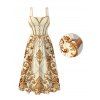Vintage Dress Baroque Palace Print Pocket Square Neck A Line Vacation Dress - Champagne M | US 6
