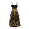 Vintage Party Dress Black Gold Baroque Palace Peacock Feather Star Print Pocket Square Neck A Line Dress - Noir XXL | US 14