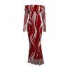 Burgundy Party Dress Pearl Rhinestone Wave Print Off the Shoulder Mesh Panel Long Sleeve Bodycon Dress - Rouge Vineux S | US 4