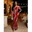 Burgundy Party Dress Pearl Rhinestone Wave Print Off the Shoulder Mesh Panel Long Sleeve Bodycon Dress - Rouge Vineux XL | US 12