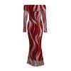 Burgundy Party Dress Pearl Rhinestone Wave Print Off the Shoulder Mesh Panel Long Sleeve Bodycon Dress - Rouge Vineux XXL | US 14