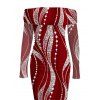 Burgundy Party Dress Pearl Rhinestone Wave Print Off the Shoulder Mesh Panel Long Sleeve Bodycon Dress - Rouge Vineux XXL | US 14