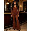 Solid Color Jumpsuit Plunging Neck Ruched Crossover Long Sleeve Jumpsuit - Brun L | US 8-10