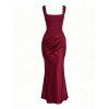 Elegant Party Dress Solid Color Square Neck Satin Panel Bodycon Maxi Dress - Rouge Vineux M | US 6