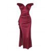 Burgundy Evening Dress Solid Color Ruched Off the Shoulder High Slit Party Satin Dress - Rouge Vineux L | US 8-10