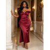 Burgundy Evening Dress Solid Color Ruched Off the Shoulder High Slit Party Satin Dress - Rouge Vineux L | US 8-10