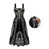 Gothic Dress Skeleton Skull Rose Church Cathedral Pattern Pocket Square Neck A Line Dress - Noir XXL | US 14