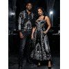 Gothic Couple Outfit Skeleton Skull Rose Church Cathedral Pattern Pocket Square Neck A Line Dress and Long Sleeve Shirt Set - Noir S | US 4