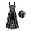 Gothic Couple Outfit Skeleton Skull Rose Church Cathedral Pattern Pocket Square Neck A Line Dress and Long Sleeve Shirt Set - Noir S | US 4