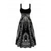 Gothic Couple Outfit Skeleton Skull Rose Church Cathedral Pattern Pocket Square Neck A Line Dress and Long Sleeve Shirt Set - Noir S | US 4