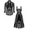 Gothic Couple Outfit Skeleton Skull Rose Church Cathedral Pattern Pocket Square Neck A Line Dress and Long Sleeve Shirt Set - Noir S | US 4