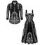 Gothic Couple Outfit Skeleton Skull Rose Church Cathedral Pattern Pocket Square Neck A Line Dress and Long Sleeve Shirt Set - Noir S | US 4