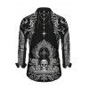 Gothic Couple Outfit Skeleton Skull Rose Church Cathedral Pattern Pocket Square Neck A Line Dress and Long Sleeve Shirt Set - Noir S | US 4