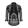 Men's Gothic Shirt Skull Rose Church Cathedral Pattern Button Up Long Sleeve Shirt - Noir 5XL