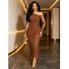 Fashion Dress See Thru Mesh Panel Sleeve Skew Neck Cinched Ruched Bodycon Dress - Brun S | US 4