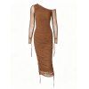 Fashion Dress See Thru Mesh Panel Sleeve Skew Neck Cinched Ruched Bodycon Dress - Brun S | US 4