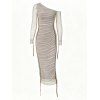 Fashion Dress See Thru Mesh Panel Sleeve Skew Neck Cinched Ruched Bodycon Dress - Abricot S | US 4
